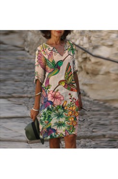 Birds and flowers scent V-neck loose fit comfortable dress HF1816-03-01