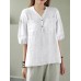 Solid Button Pocket V Neck Half Sleeve Casual Cotton Blouse