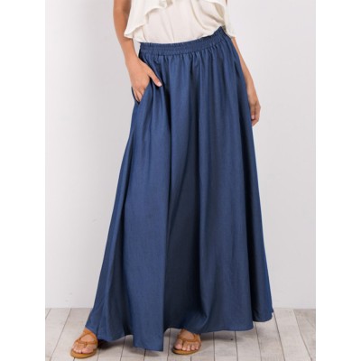 Women Pure Color Elastic Waist Simple Swing Skirts With Pocket