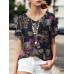 Plant Print V Neck Short Sleeve Casual Blouse