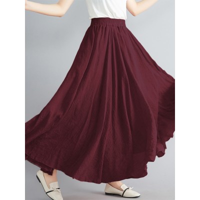 Women Big Swing Solid Color Elastic Waist Loose Casual Long Skirt