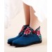 Boutique Buckle Strap Embroideried Comfy Ankle Boots Blue Cotton Fabric