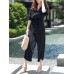 Solid Belt Pocket Button Ruffle Sleeve V  neck Jumpsuit