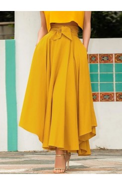 Solid Color High Waist Belted Side Zipper Irregular Hem Casual Skirts