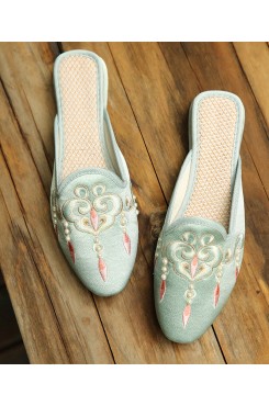 Comfy Light Green Embroideried Pearl Cotton Fabric Slide Sandals