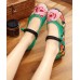 Green Flat Shoes Embroideried Comfy Cotton Fabric Buckle Strap Flat Shoes For Women