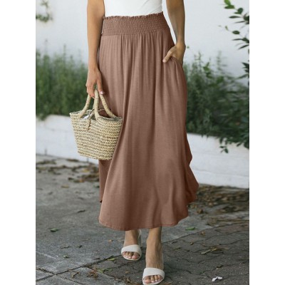 Women Elastic Waist Irregular Hem Side Fork Casual Skirts With Pocket