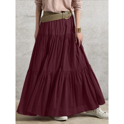 Solid Color Big Swing Elastic Waist Pleated Casual Long Skirt For Women