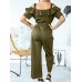 Solid Color Button Pocket Drawstring Off  shoulder Ruffle Casual Jumpsuit