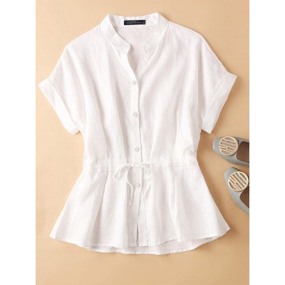 Solid Button Drawstring V Neck Roll Sleeve Casual Cotton Blouse