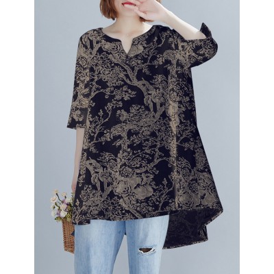 Plant Print Split V Neck High  Low Hem Cotton Casual Blouse